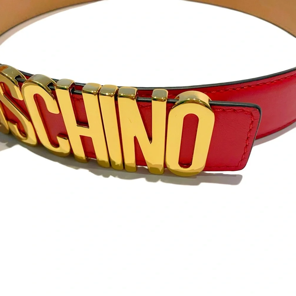 MOSCHINO Red Gold Logo Leather Belt NWT
